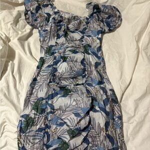 Fate Blue and White Leaf Print Dress